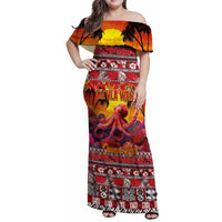 Hawaii KaUla Wena Octopus Family Matching Off Shoulder Maxi Dress and Hawaiian Shirt Oceanic Red with Corals and Tropical On Sunset Landscape LT03 Mom's Dress Red - Polynesian Pride