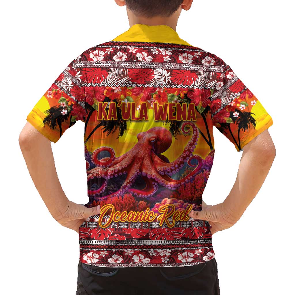 Hawaii KaUla Wena Octopus Family Matching Off Shoulder Short Dress and Hawaiian Shirt Oceanic Red with Corals and Tropical On Sunset Landscape LT03 - Polynesian Pride