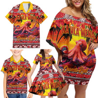 Hawaii KaUla Wena Octopus Family Matching Off Shoulder Short Dress and Hawaiian Shirt Oceanic Red with Corals and Tropical On Sunset Landscape LT03 - Polynesian Pride