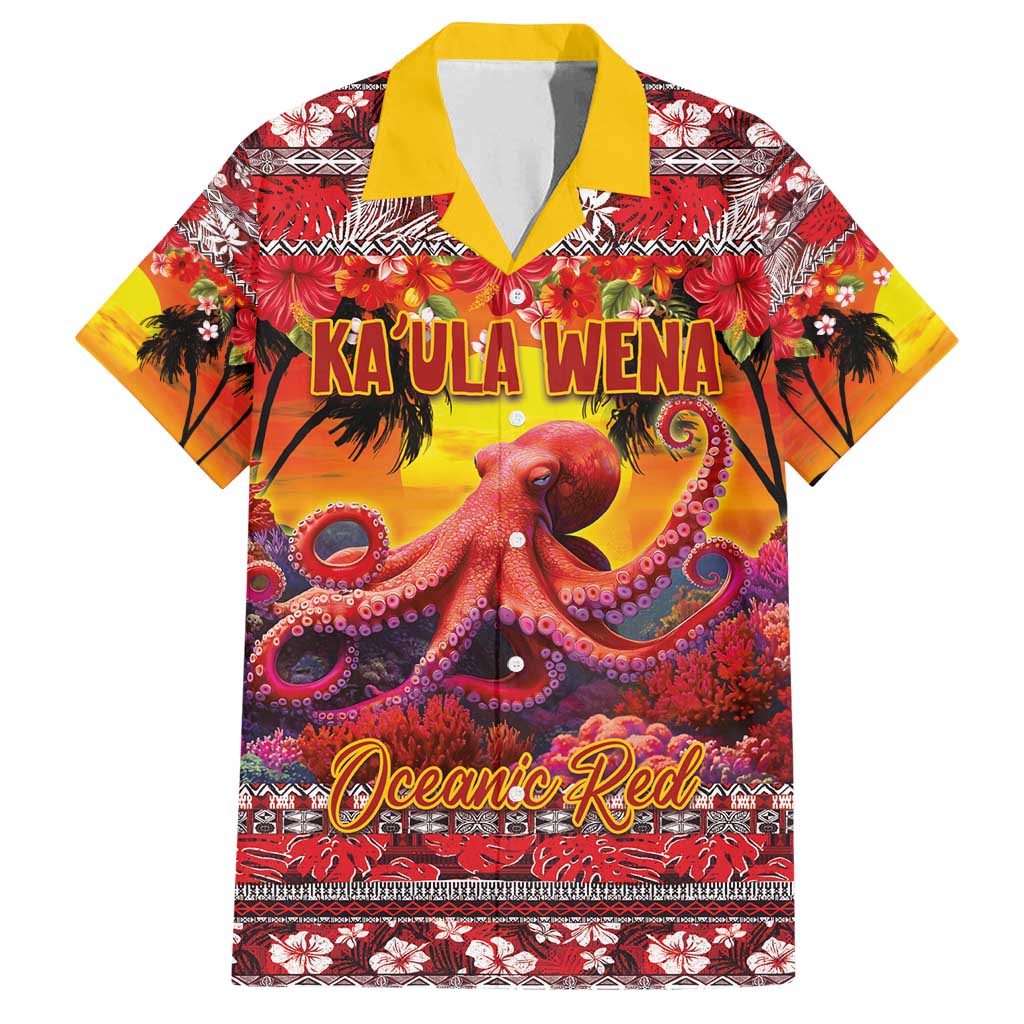Hawaii KaUla Wena Octopus Family Matching Off Shoulder Short Dress and Hawaiian Shirt Oceanic Red with Corals and Tropical On Sunset Landscape LT03 Dad's Shirt - Short Sleeve Red - Polynesian Pride
