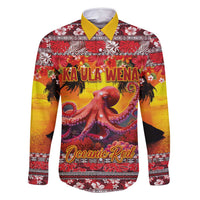 Hawaii KaUla Wena Octopus Family Matching Off Shoulder Short Dress and Hawaiian Shirt Oceanic Red with Corals and Tropical On Sunset Landscape LT03 Dad's Shirt - Long Sleeve Red - Polynesian Pride