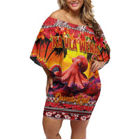 Hawaii KaUla Wena Octopus Family Matching Off Shoulder Short Dress and Hawaiian Shirt Oceanic Red with Corals and Tropical On Sunset Landscape LT03 Mom's Dress Red - Polynesian Pride