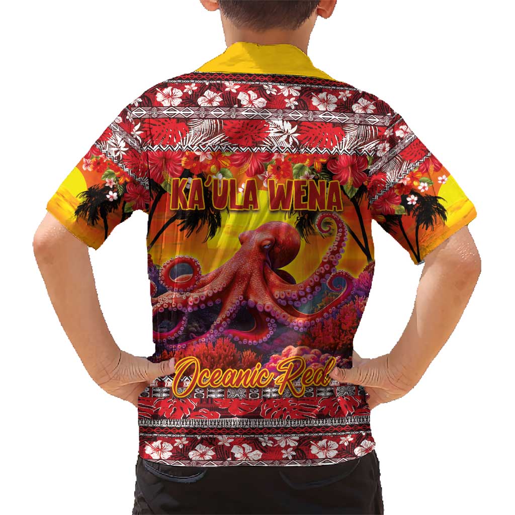 Hawaii KaUla Wena Octopus Family Matching Short Sleeve Bodycon Dress and Hawaiian Shirt Oceanic Red with Corals and Tropical On Sunset Landscape LT03 - Polynesian Pride