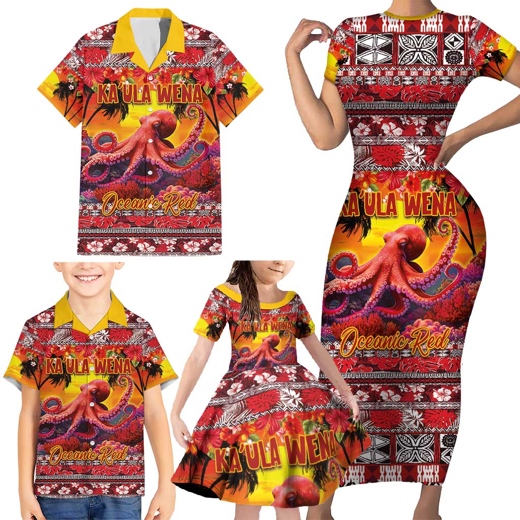 Hawaii KaUla Wena Octopus Family Matching Short Sleeve Bodycon Dress and Hawaiian Shirt Oceanic Red with Corals and Tropical On Sunset Landscape LT03 - Polynesian Pride