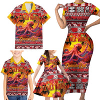Hawaii KaUla Wena Octopus Family Matching Short Sleeve Bodycon Dress and Hawaiian Shirt Oceanic Red with Corals and Tropical On Sunset Landscape LT03 - Polynesian Pride