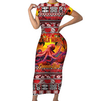 Hawaii KaUla Wena Octopus Family Matching Short Sleeve Bodycon Dress and Hawaiian Shirt Oceanic Red with Corals and Tropical On Sunset Landscape LT03 Mom's Dress Red - Polynesian Pride