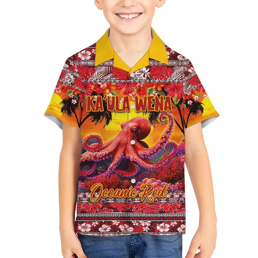 Hawaii KaUla Wena Octopus Family Matching Short Sleeve Bodycon Dress and Hawaiian Shirt Oceanic Red with Corals and Tropical On Sunset Landscape LT03 Son's Shirt Red - Polynesian Pride