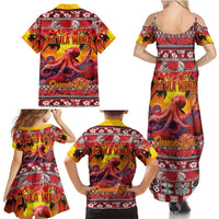 Hawaii KaUla Wena Octopus Family Matching Summer Maxi Dress and Hawaiian Shirt Oceanic Red with Corals and Tropical On Sunset Landscape LT03 - Polynesian Pride