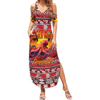 Hawaii KaUla Wena Octopus Family Matching Summer Maxi Dress and Hawaiian Shirt Oceanic Red with Corals and Tropical On Sunset Landscape LT03 Mom's Dress Red - Polynesian Pride