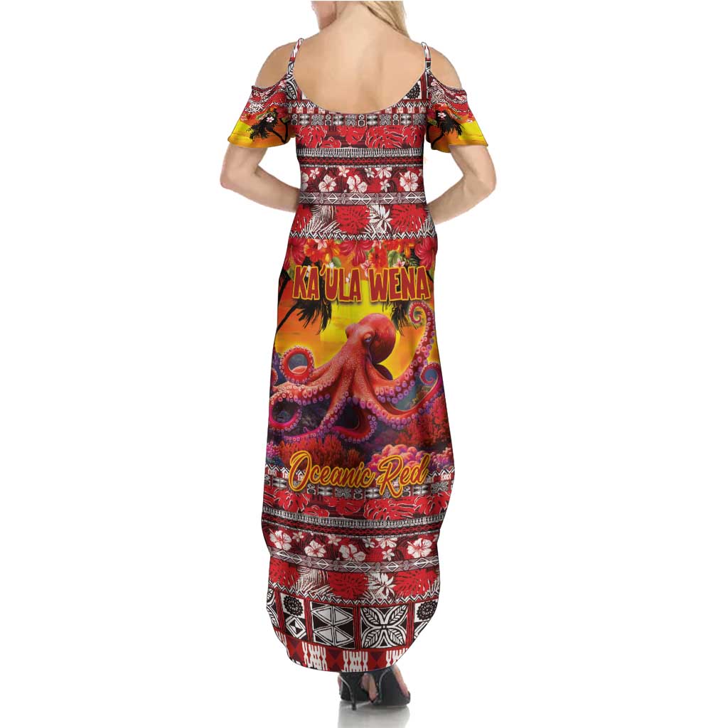 Hawaii KaUla Wena Octopus Family Matching Summer Maxi Dress and Hawaiian Shirt Oceanic Red with Corals and Tropical On Sunset Landscape LT03 - Polynesian Pride