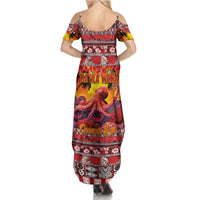 Hawaii KaUla Wena Octopus Family Matching Summer Maxi Dress and Hawaiian Shirt Oceanic Red with Corals and Tropical On Sunset Landscape LT03 - Polynesian Pride