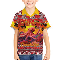 Hawaii KaUla Wena Octopus Family Matching Summer Maxi Dress and Hawaiian Shirt Oceanic Red with Corals and Tropical On Sunset Landscape LT03 Son's Shirt Red - Polynesian Pride