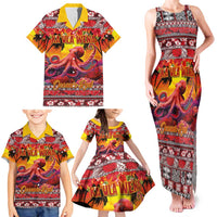 Hawaii KaUla Wena Octopus Family Matching Tank Maxi Dress and Hawaiian Shirt Oceanic Red with Corals and Tropical On Sunset Landscape LT03 - Polynesian Pride