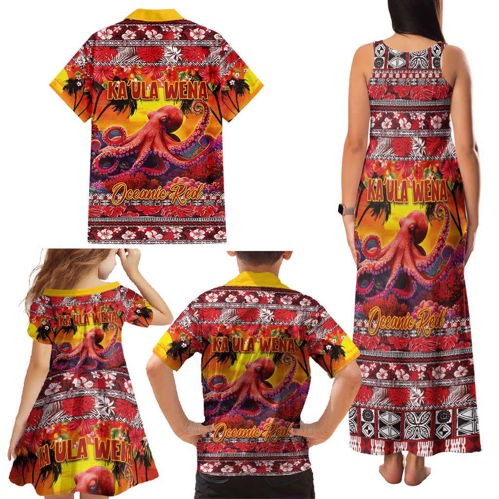 Hawaii KaUla Wena Octopus Family Matching Tank Maxi Dress and Hawaiian Shirt Oceanic Red with Corals and Tropical On Sunset Landscape LT03 - Polynesian Pride