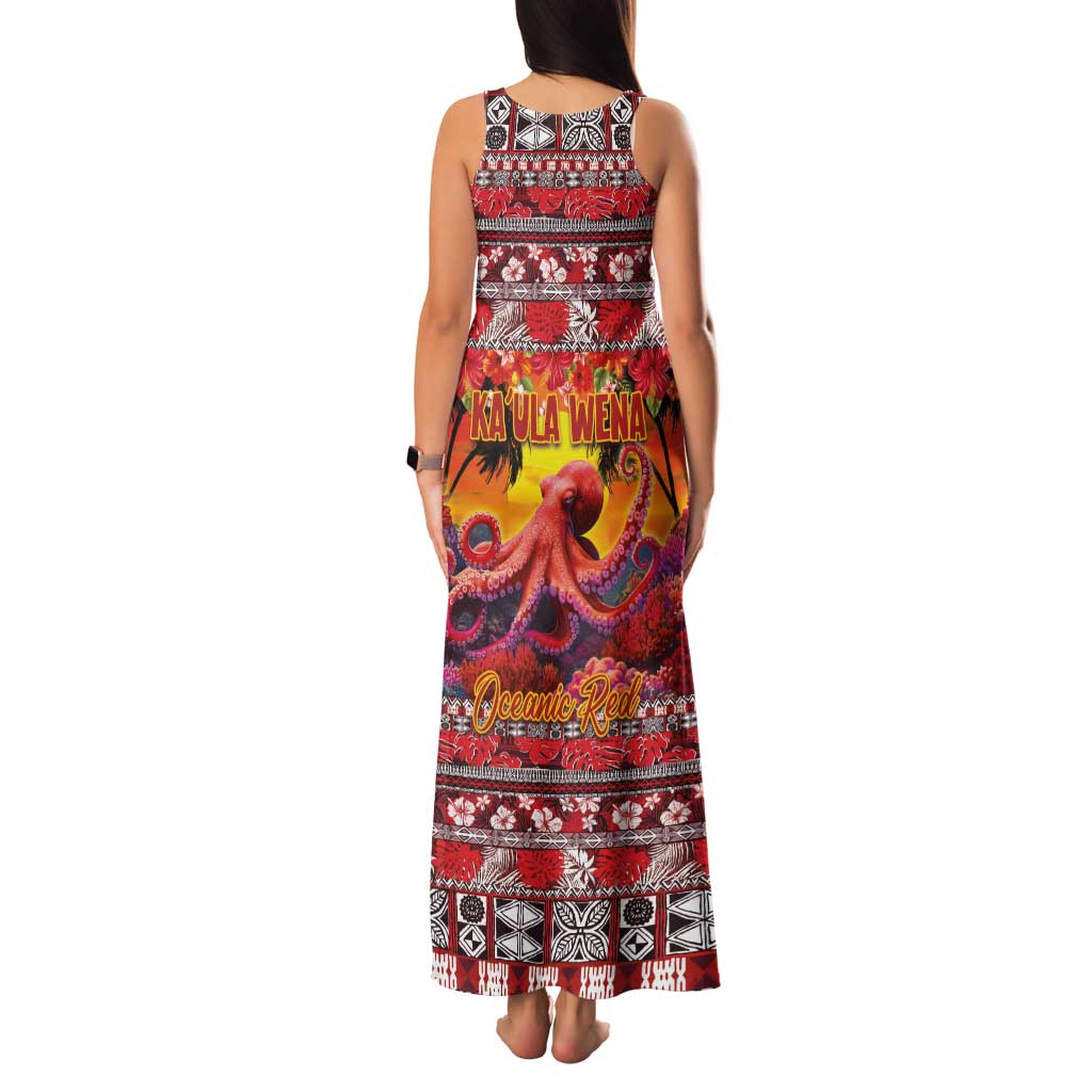 Hawaii KaUla Wena Octopus Family Matching Tank Maxi Dress and Hawaiian Shirt Oceanic Red with Corals and Tropical On Sunset Landscape LT03 - Polynesian Pride