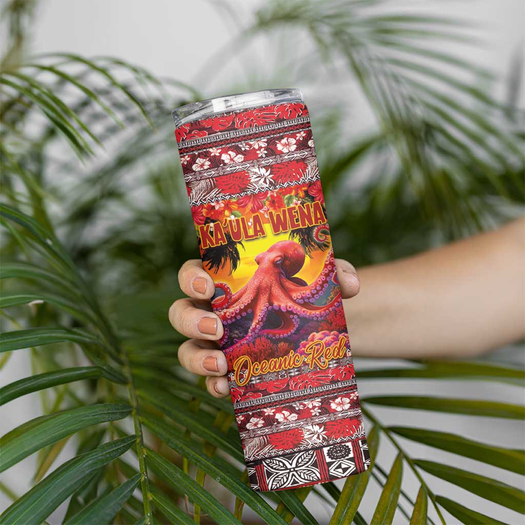 Hawaii KaʻUla Wena Octopus Skinny Tumbler Oceanic Red with Corals and Tropical On Sunset Landscape