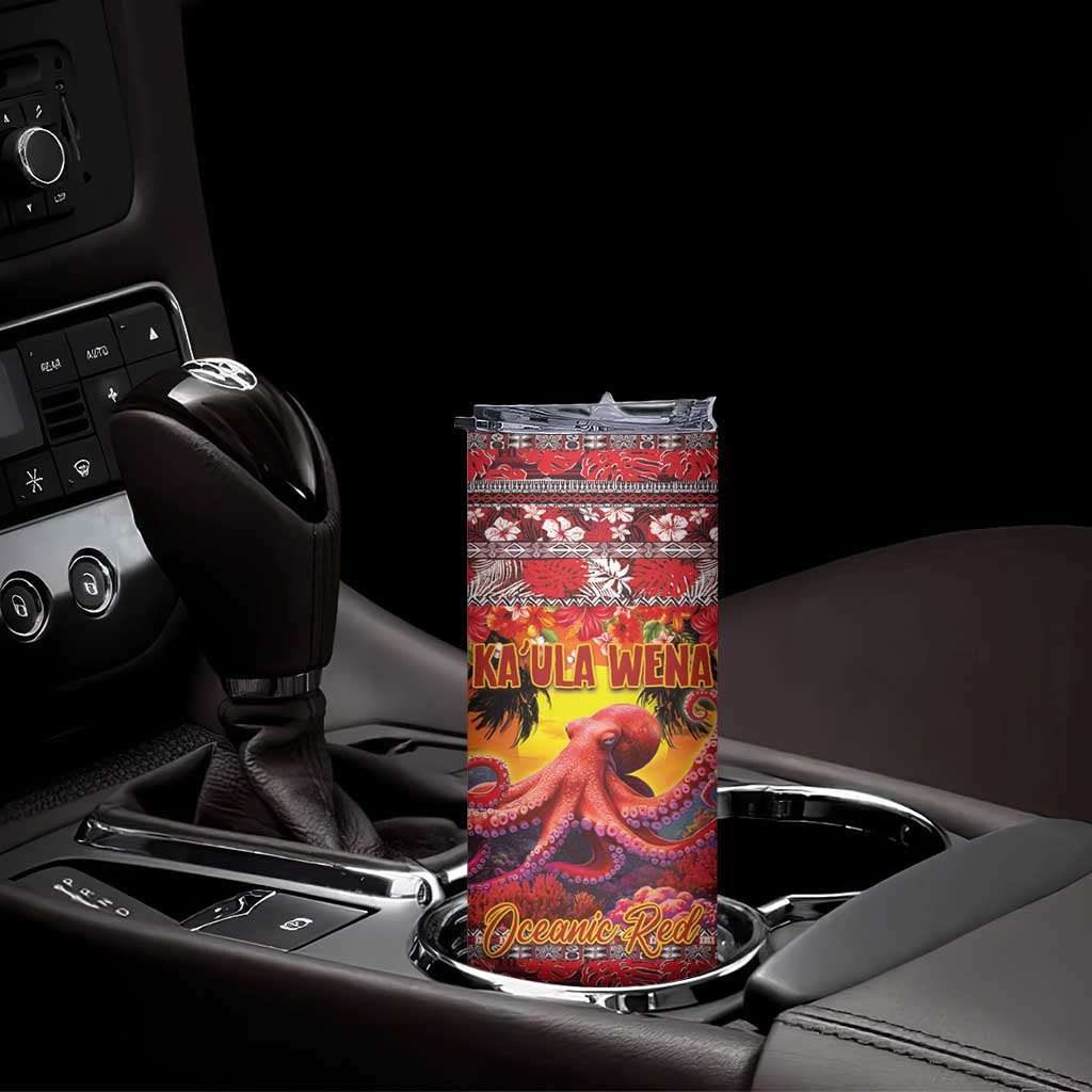 Hawaii KaʻUla Wena Octopus Skinny Tumbler Oceanic Red with Corals and Tropical On Sunset Landscape