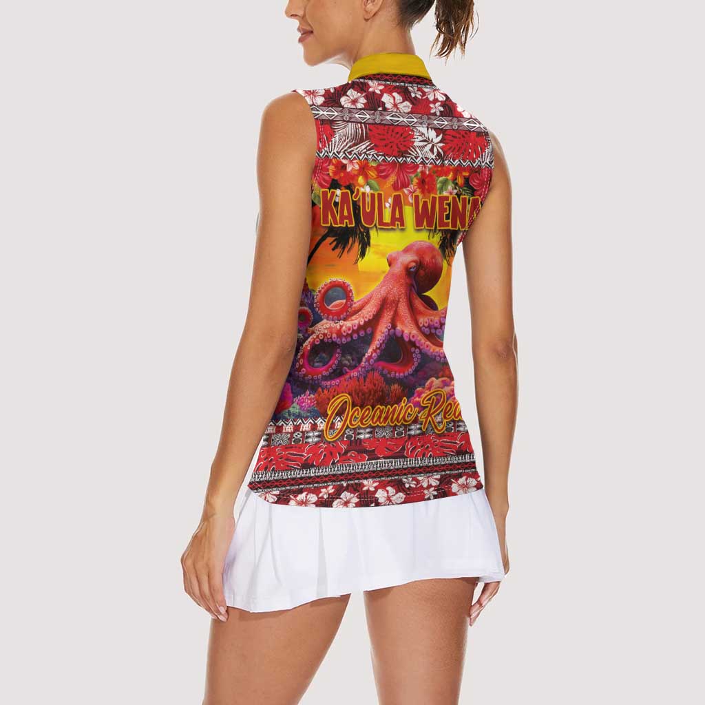 Hawaii KaʻUla Wena Octopus Women Sleeveless Polo Shirt Oceanic Red with Corals and Tropical On Sunset Landscape