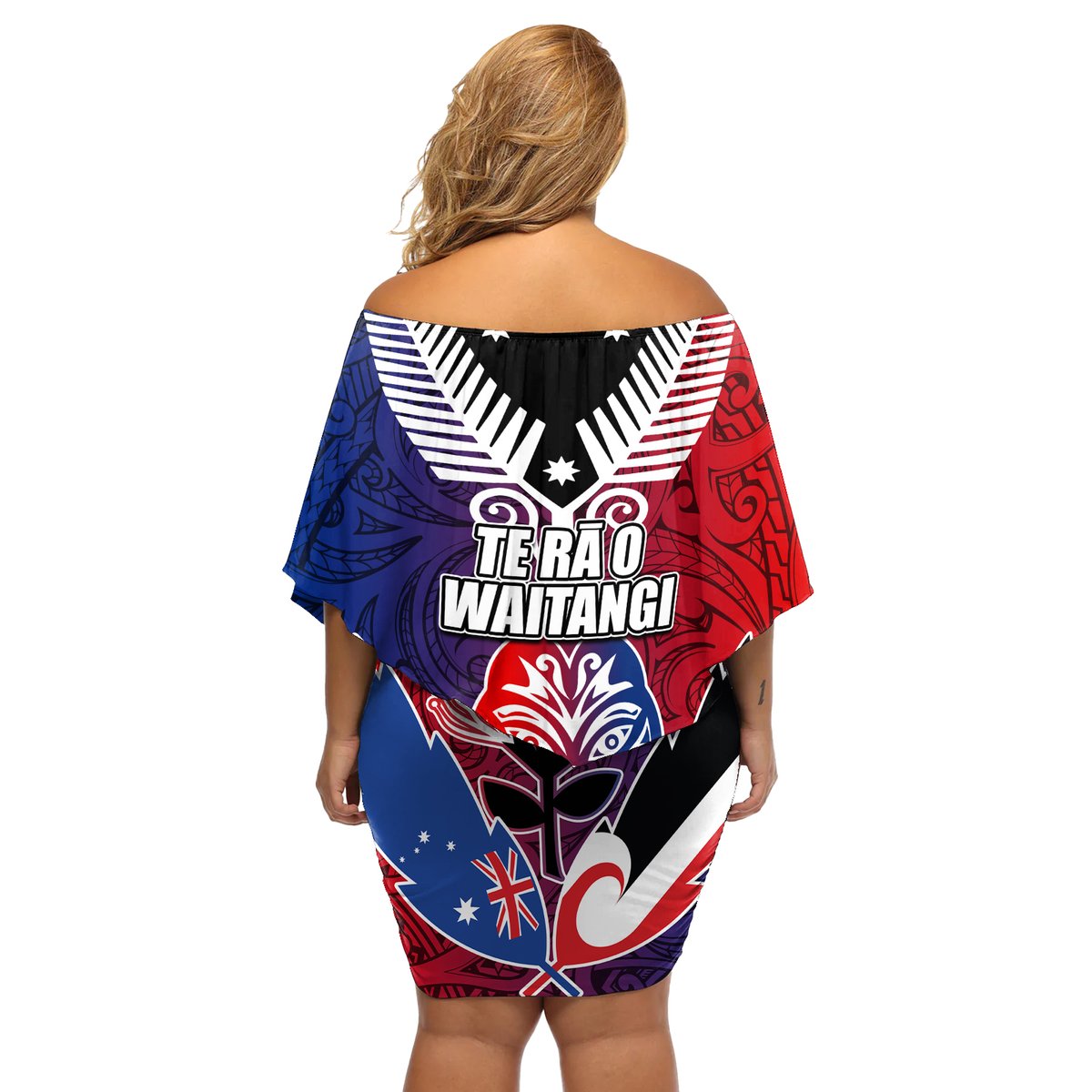 New Zealand Waitangi Off Shoulder Short Dress Kia Ora Maori Koruru Tiki Mask LT03 - Polynesian Pride