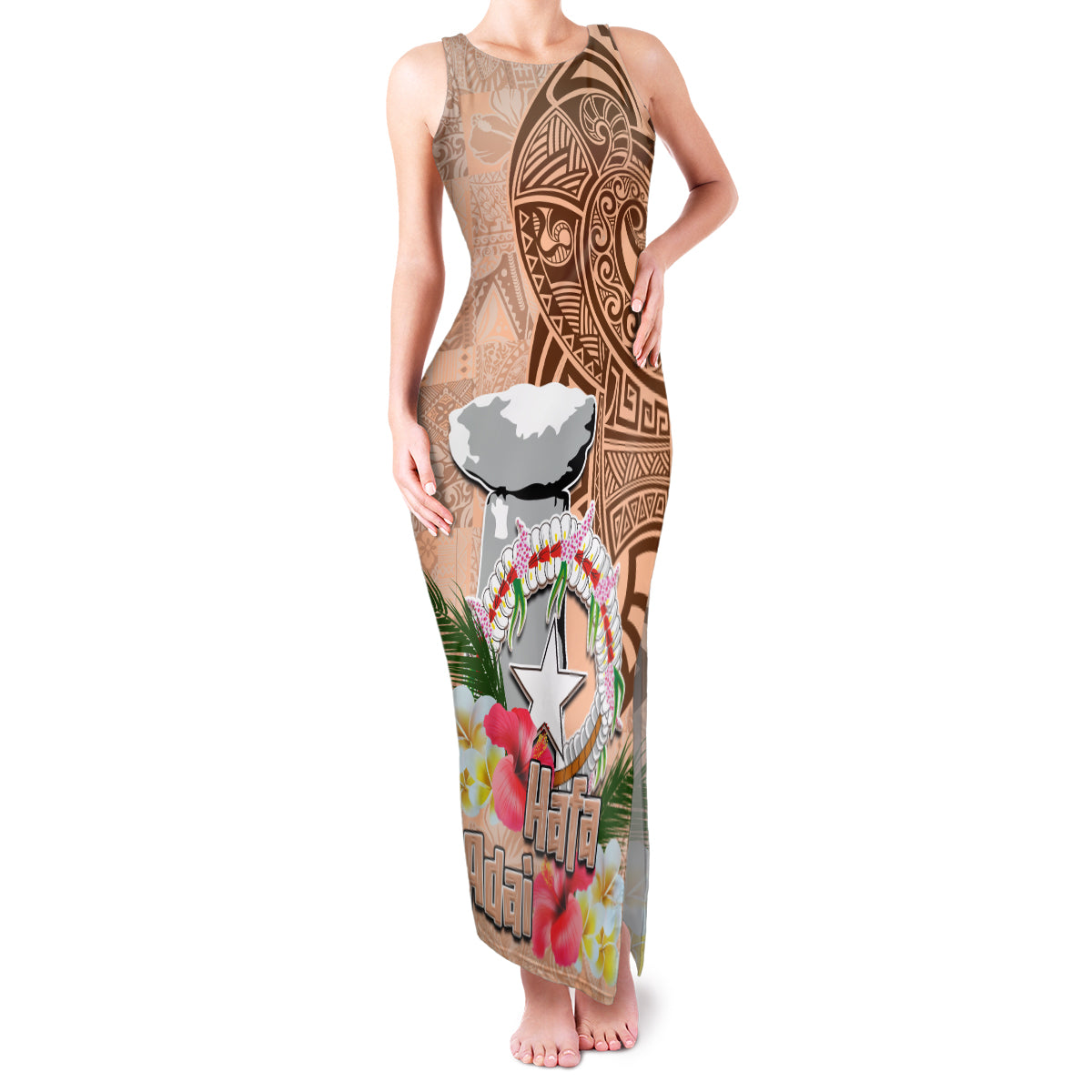 Northern Mariana Islands Hafa Adai Latte Stone Family Matching Tank Maxi Dress and Hawaiian Shirt Peach Fuzz Color LT03 Mom's Dress Peach Fuzz Color - Polynesian Pride