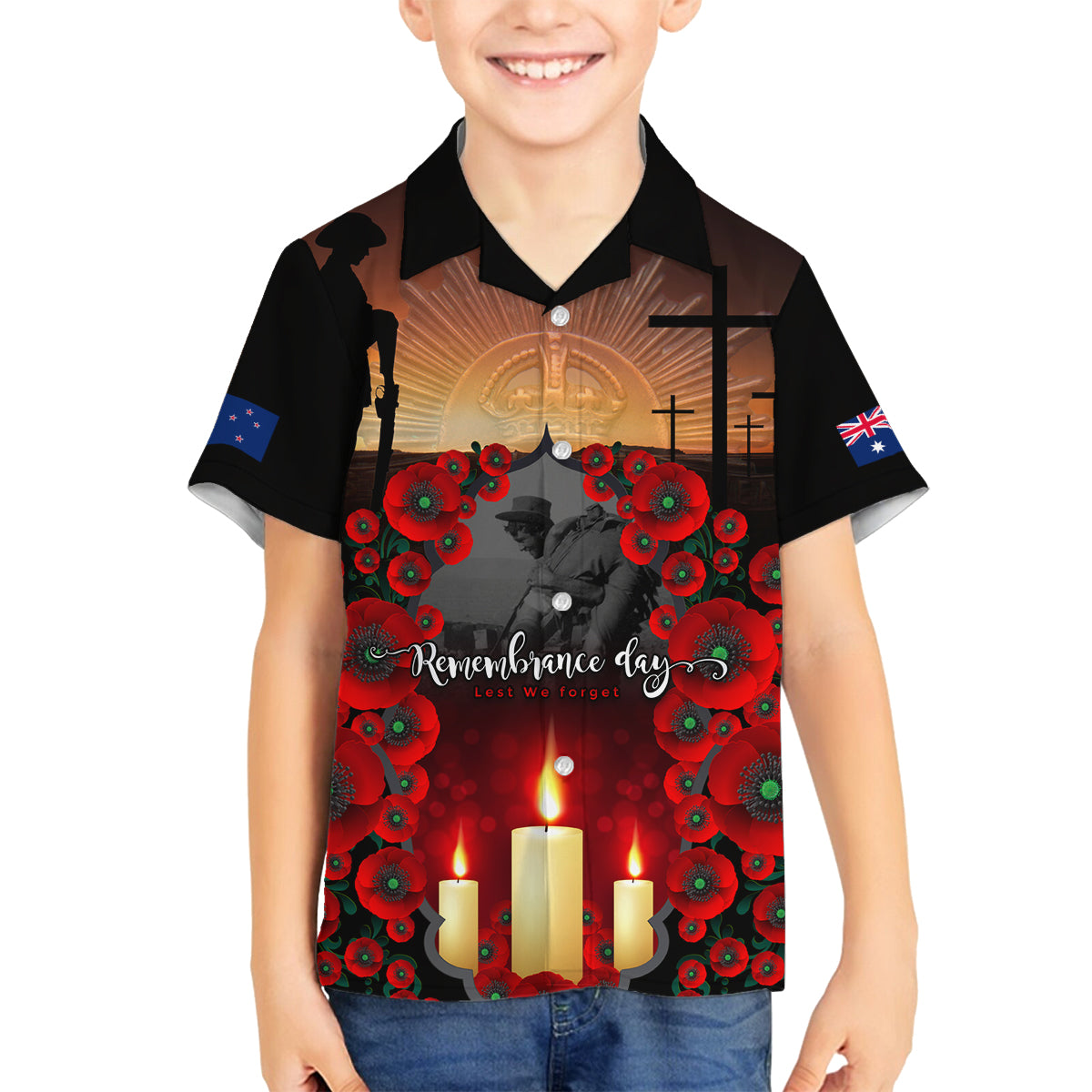 Custom New Zealand and Australia ANZAC Day Family Matching Long Sleeve Bodycon Dress and Hawaiian Shirt Gallipoli and Canlelight Lest We Forget LT03 Son's Shirt Black - Polynesian Pride