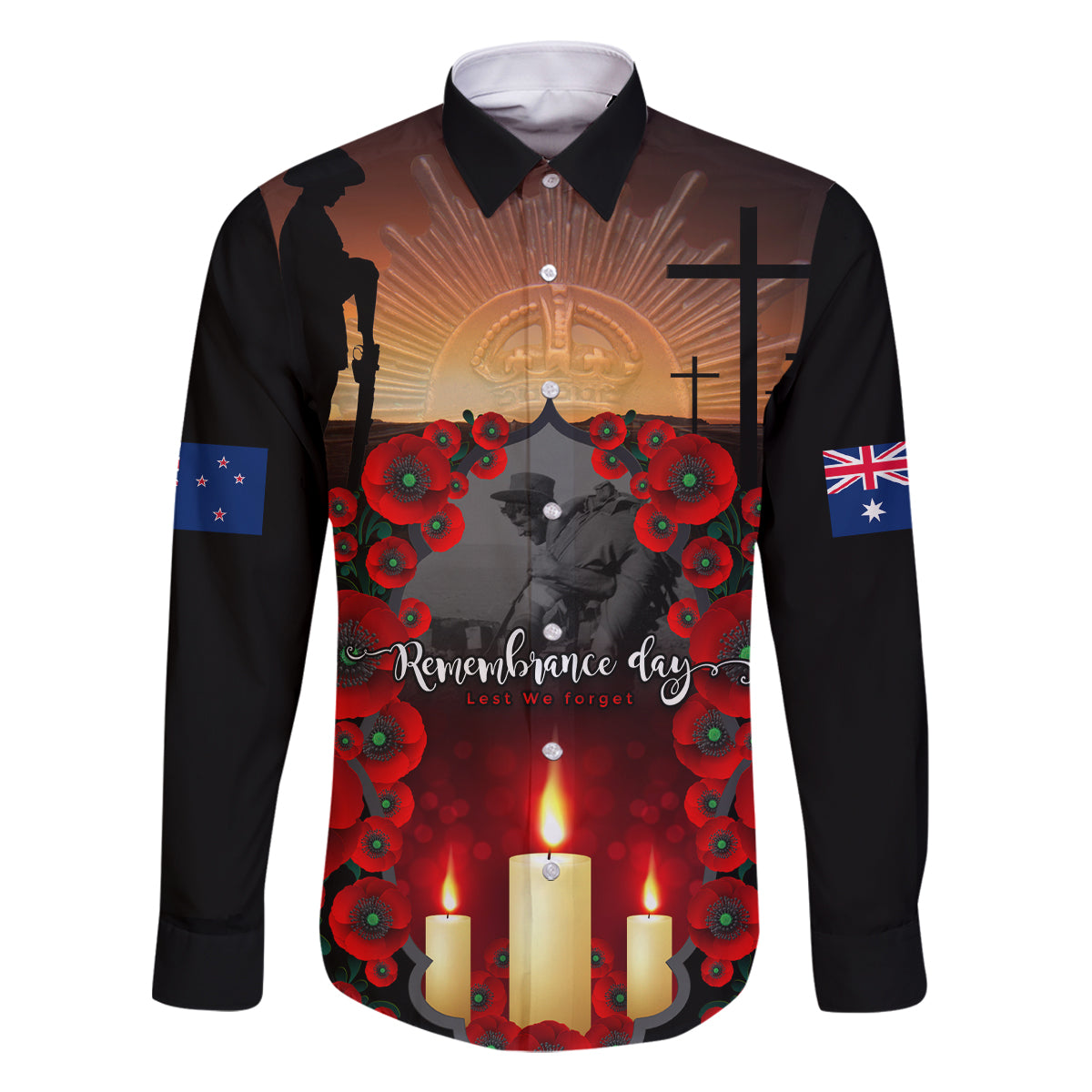 Custom New Zealand and Australia ANZAC Day Family Matching Off Shoulder Long Sleeve Dress and Hawaiian Shirt Gallipoli and Canlelight Lest We Forget LT03 Dad's Shirt - Long Sleeve Black - Polynesian Pride