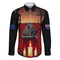 Custom New Zealand and Australia ANZAC Day Family Matching Off Shoulder Long Sleeve Dress and Hawaiian Shirt Gallipoli and Canlelight Lest We Forget LT03 Dad's Shirt - Long Sleeve Black - Polynesian Pride