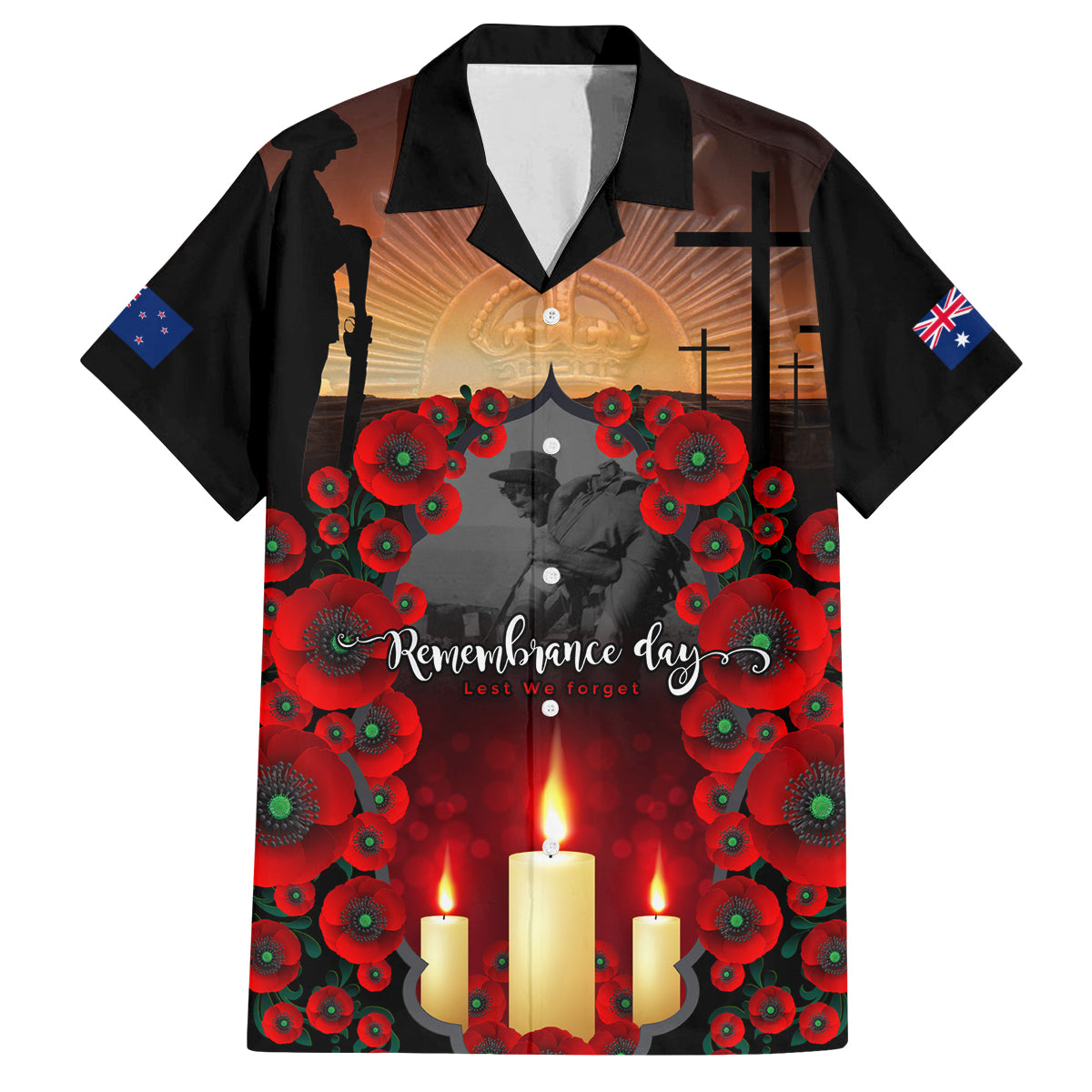 Custom New Zealand and Australia ANZAC Day Family Matching Off Shoulder Maxi Dress and Hawaiian Shirt Gallipoli and Canlelight Lest We Forget LT03 Dad's Shirt - Short Sleeve Black - Polynesian Pride
