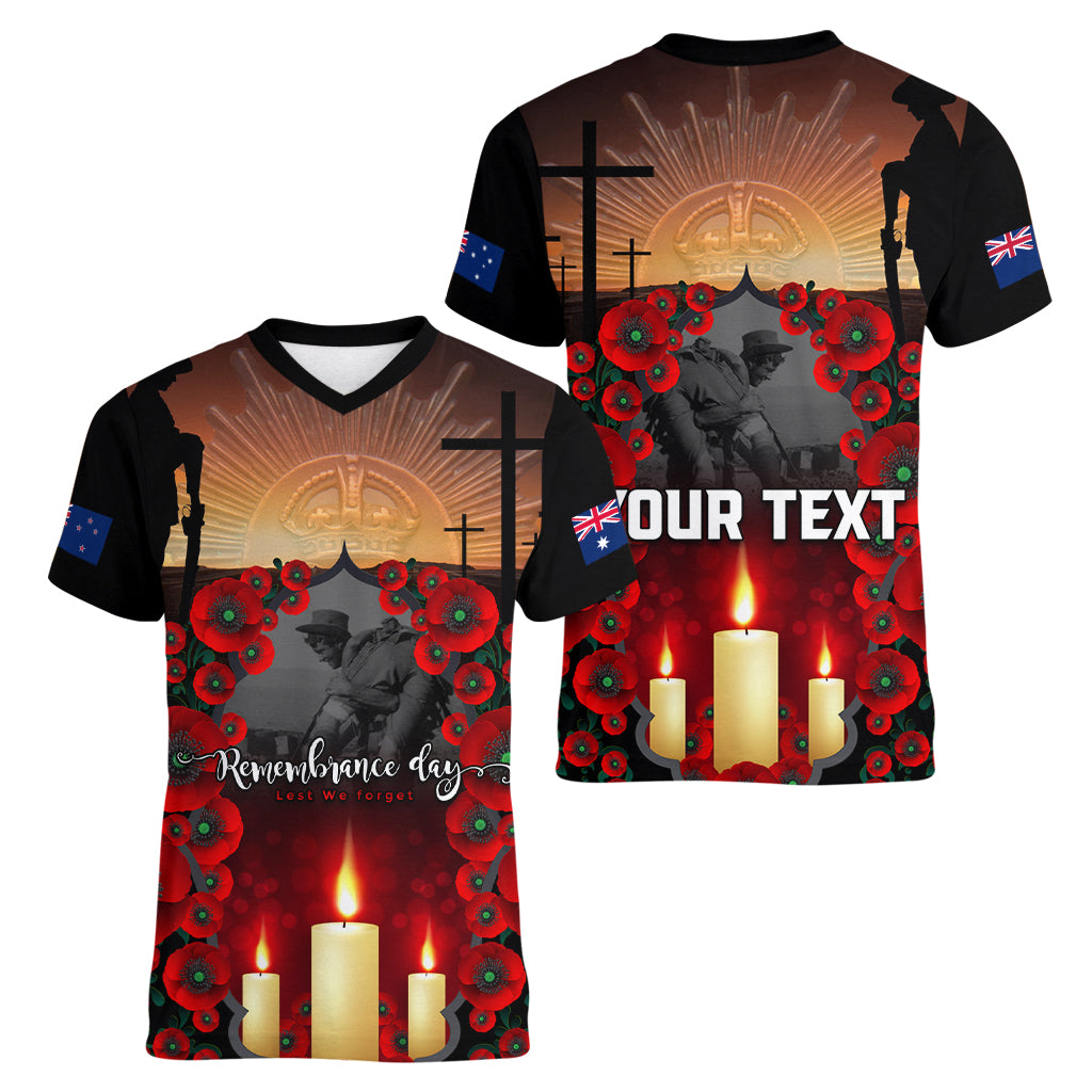 Custom New Zealand and Australia ANZAC Day Women V Neck T Shirt Gallipoli and Canlelight Lest We Forget LT03 - Polynesian Pride