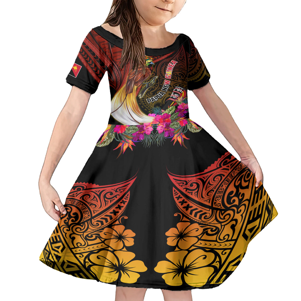 Papua New Guinea Bird-of-Paradise Family Matching Tank Maxi Dress and Hawaiian Shirt Hibiscus and Kundu Drum Tribal Pattern LT03 Daughter's Dress Yellow - Polynesian Pride