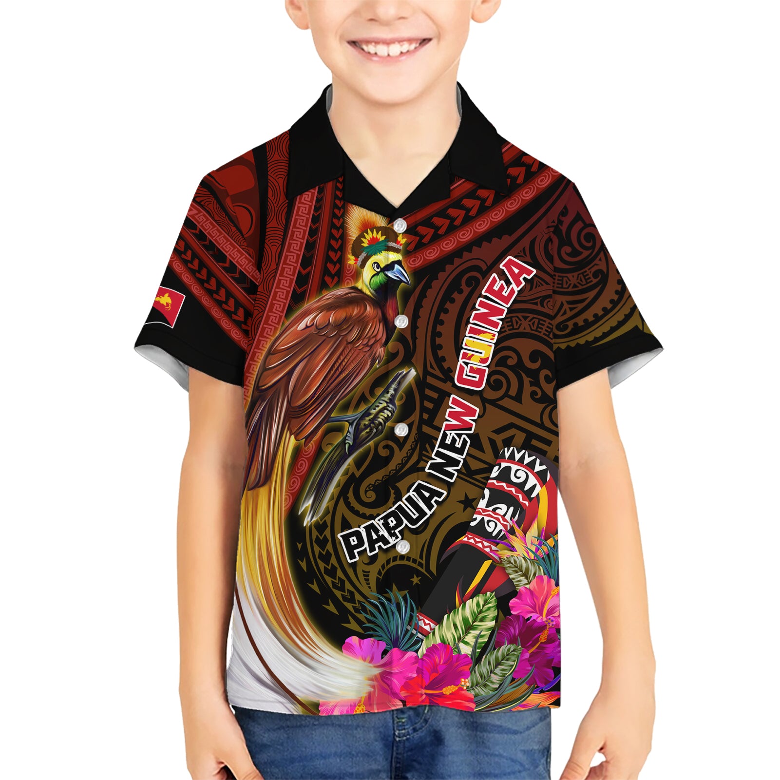 Papua New Guinea Bird-of-Paradise Kid Hawaiian Shirt Hibiscus and Kundu Drum Tribal Pattern LT03 Kid Yellow - Polynesian Pride