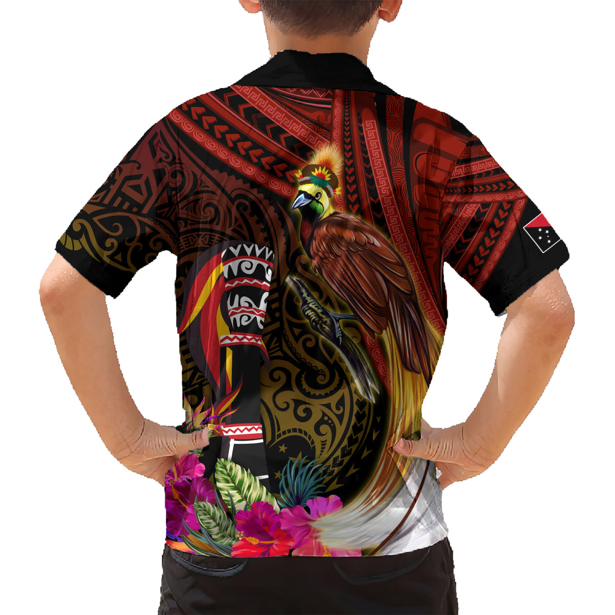 Papua New Guinea Bird-of-Paradise Kid Hawaiian Shirt Hibiscus and Kundu Drum Tribal Pattern LT03 - Polynesian Pride
