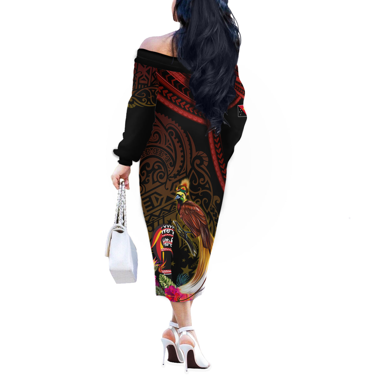Papua New Guinea Bird-of-Paradise Off The Shoulder Long Sleeve Dress Hibiscus and Kundu Drum Tribal Pattern LT03 - Polynesian Pride