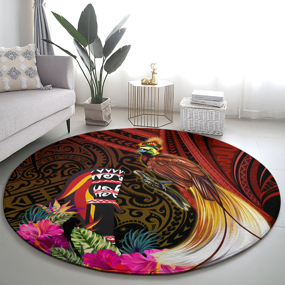 Papua New Guinea Bird-of-Paradise Round Carpet Hibiscus and Kundu Drum Tribal Pattern LT03 - Polynesian Pride