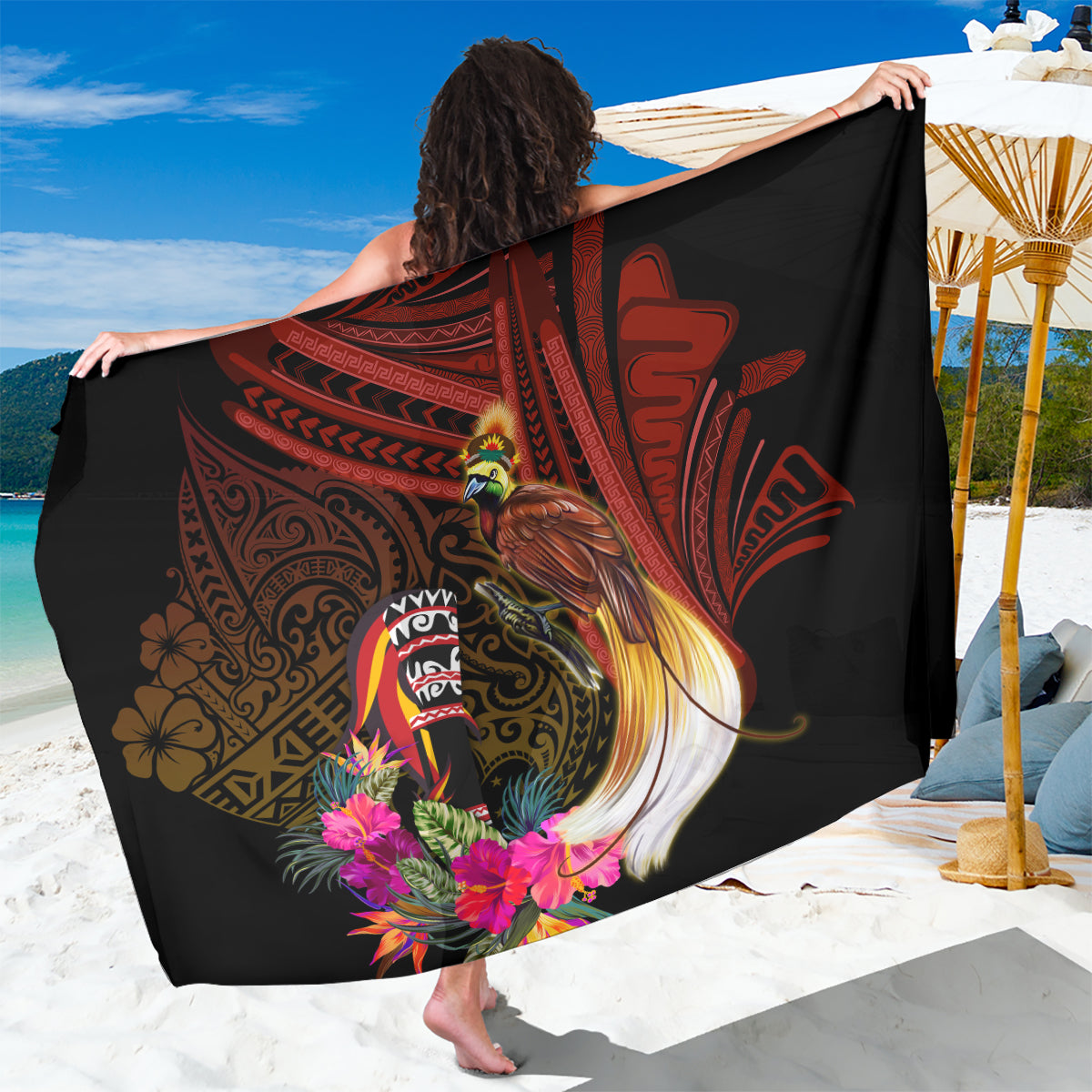 Papua New Guinea Bird-of-Paradise Sarong Hibiscus and Kundu Drum Tribal Pattern LT03 One Size 44 x 66 inches Yellow - Polynesian Pride
