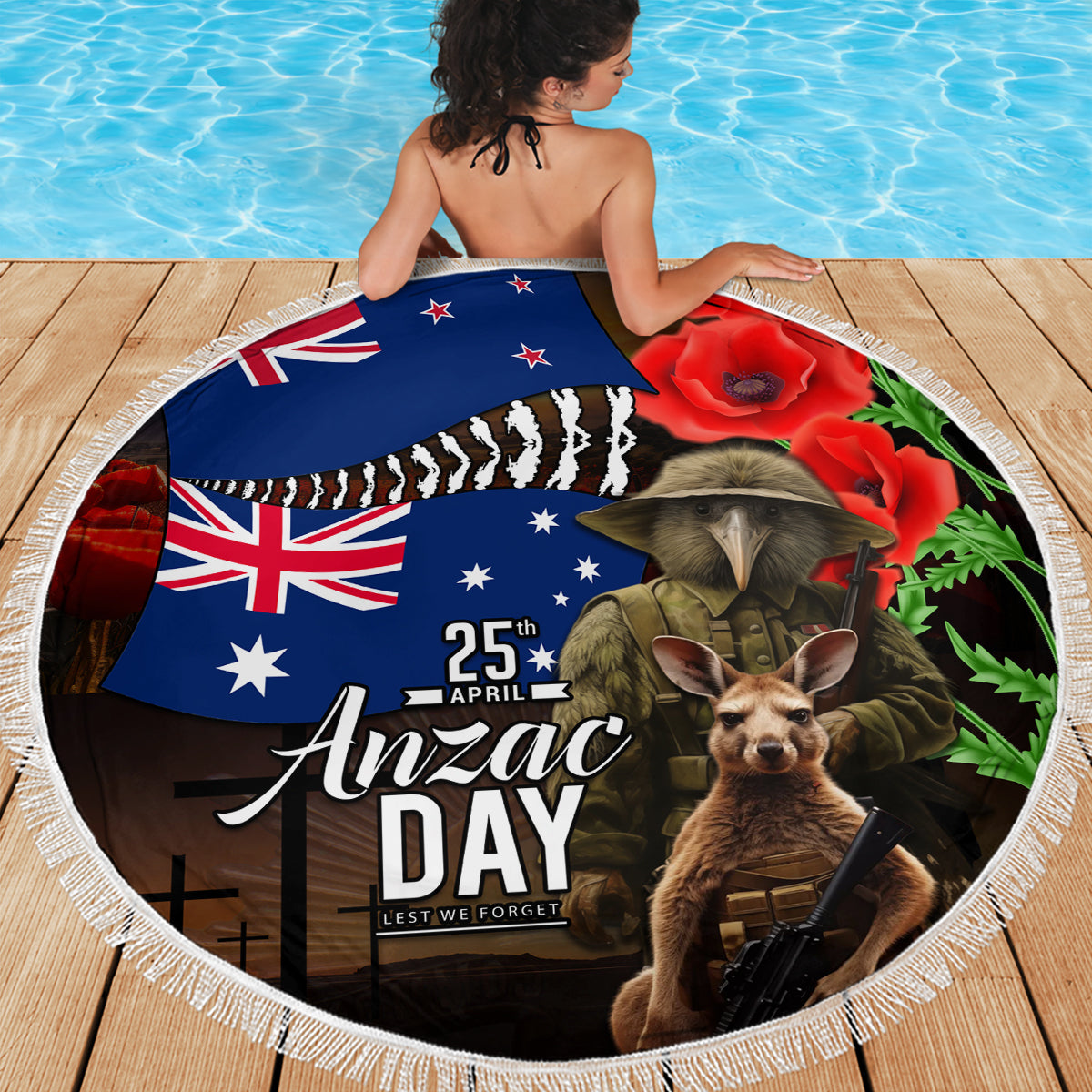 New Zealand and Australia ANZAC Day Beach Blanket National Flag mix Kiwi Bird and Kangaroo Soldier Style LT03 - Polynesian Pride