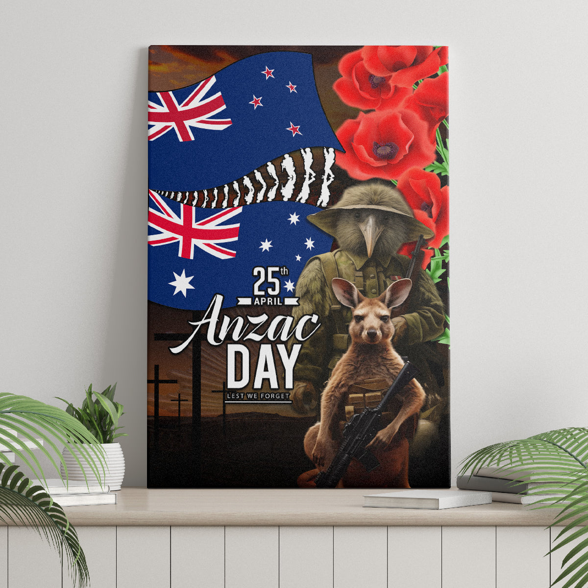 New Zealand and Australia ANZAC Day Canvas Wall Art National Flag mix Kiwi Bird and Kangaroo Soldier Style LT03 - Polynesian Pride