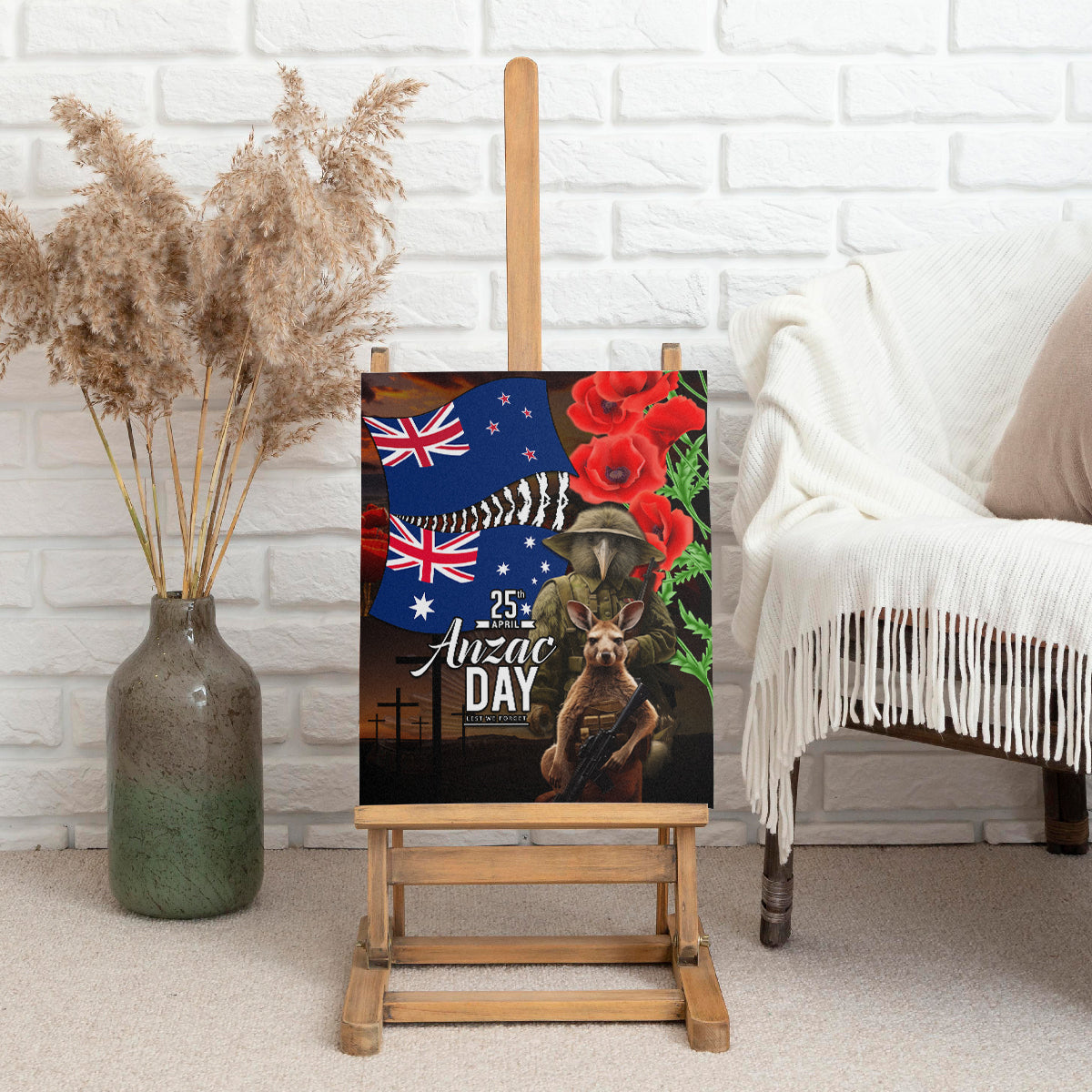 New Zealand and Australia ANZAC Day Canvas Wall Art National Flag mix Kiwi Bird and Kangaroo Soldier Style LT03 - Polynesian Pride