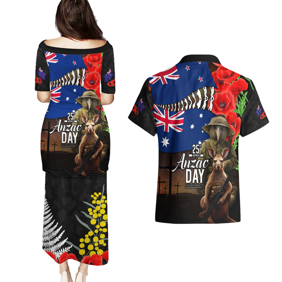 New Zealand and Australia ANZAC Day Couples Matching Puletasi and Hawaiian Shirt National Flag mix Kiwi Bird and Kangaroo Soldier Style LT03 - Polynesian Pride