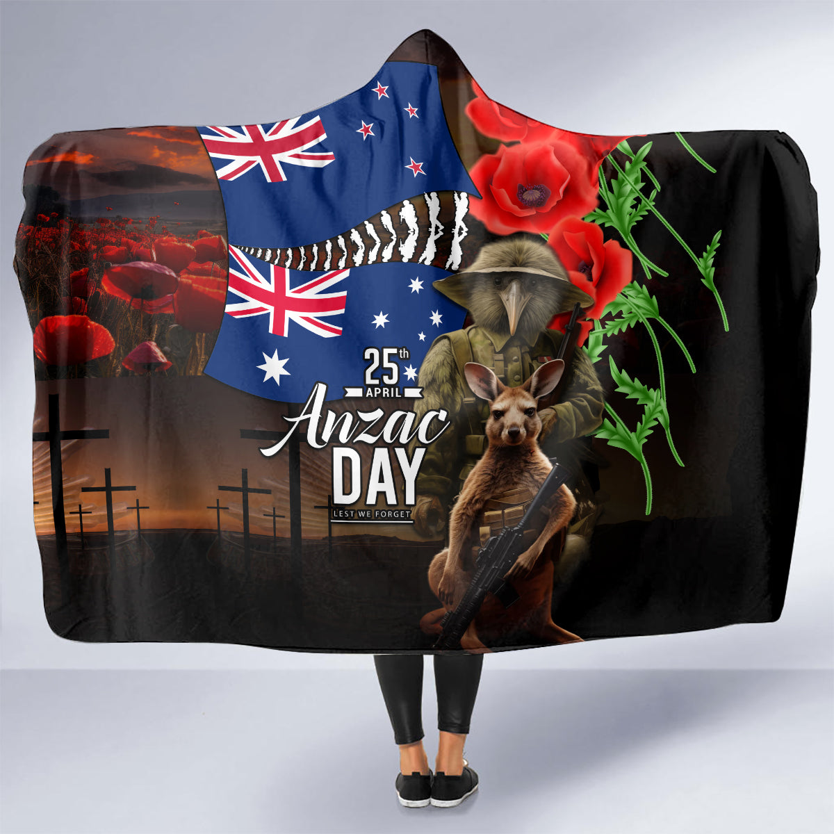 New Zealand and Australia ANZAC Day Hooded Blanket National Flag mix Kiwi Bird and Kangaroo Soldier Style LT03 - Polynesian Pride