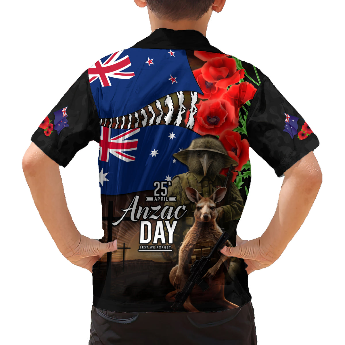 New Zealand and Australia ANZAC Day Kid Hawaiian Shirt National Flag mix Kiwi Bird and Kangaroo Soldier Style LT03 - Polynesian Pride