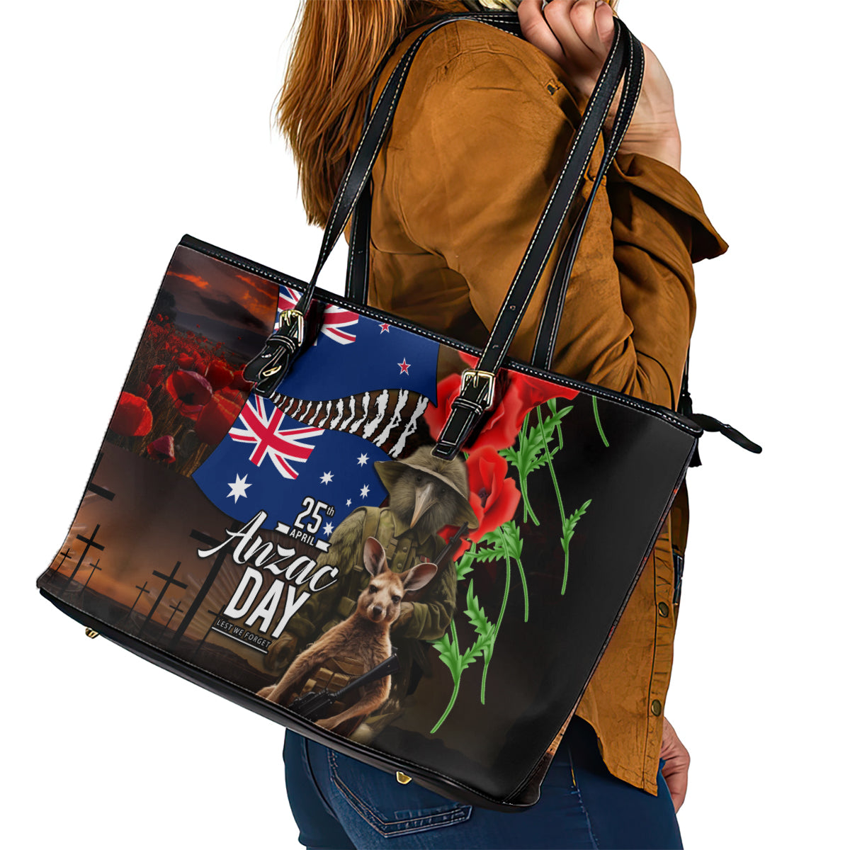 New Zealand and Australia ANZAC Day Leather Tote Bag National Flag mix Kiwi Bird and Kangaroo Soldier Style LT03 - Polynesian Pride
