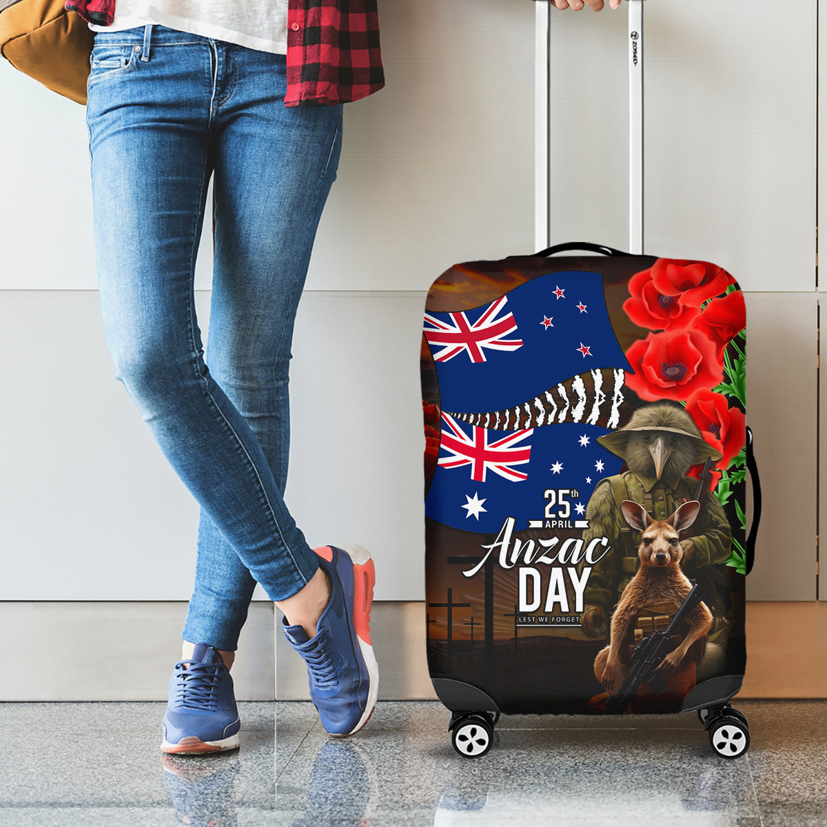 New Zealand and Australia ANZAC Day Luggage Cover National Flag mix Kiwi Bird and Kangaroo Soldier Style LT03 - Polynesian Pride
