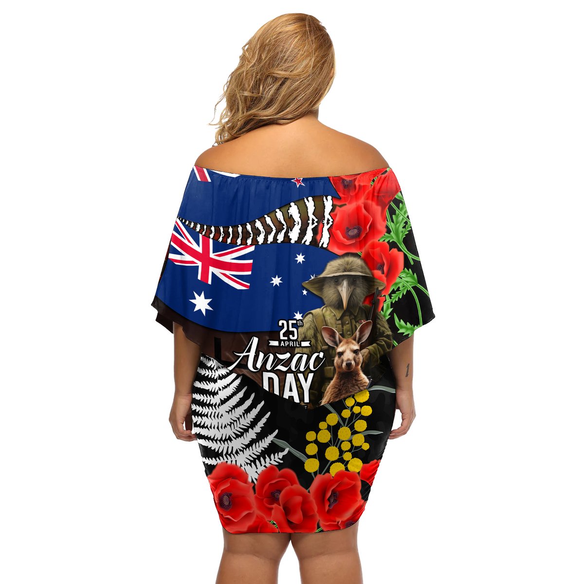 New Zealand and Australia ANZAC Day Off Shoulder Short Dress National Flag mix Kiwi Bird and Kangaroo Soldier Style LT03 - Polynesian Pride