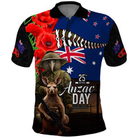 New Zealand and Australia ANZAC Day Polo Shirt - National Flag Mix Kiwi Bird and Kangaroo Soldier LT03 Black - Polynesian Pride