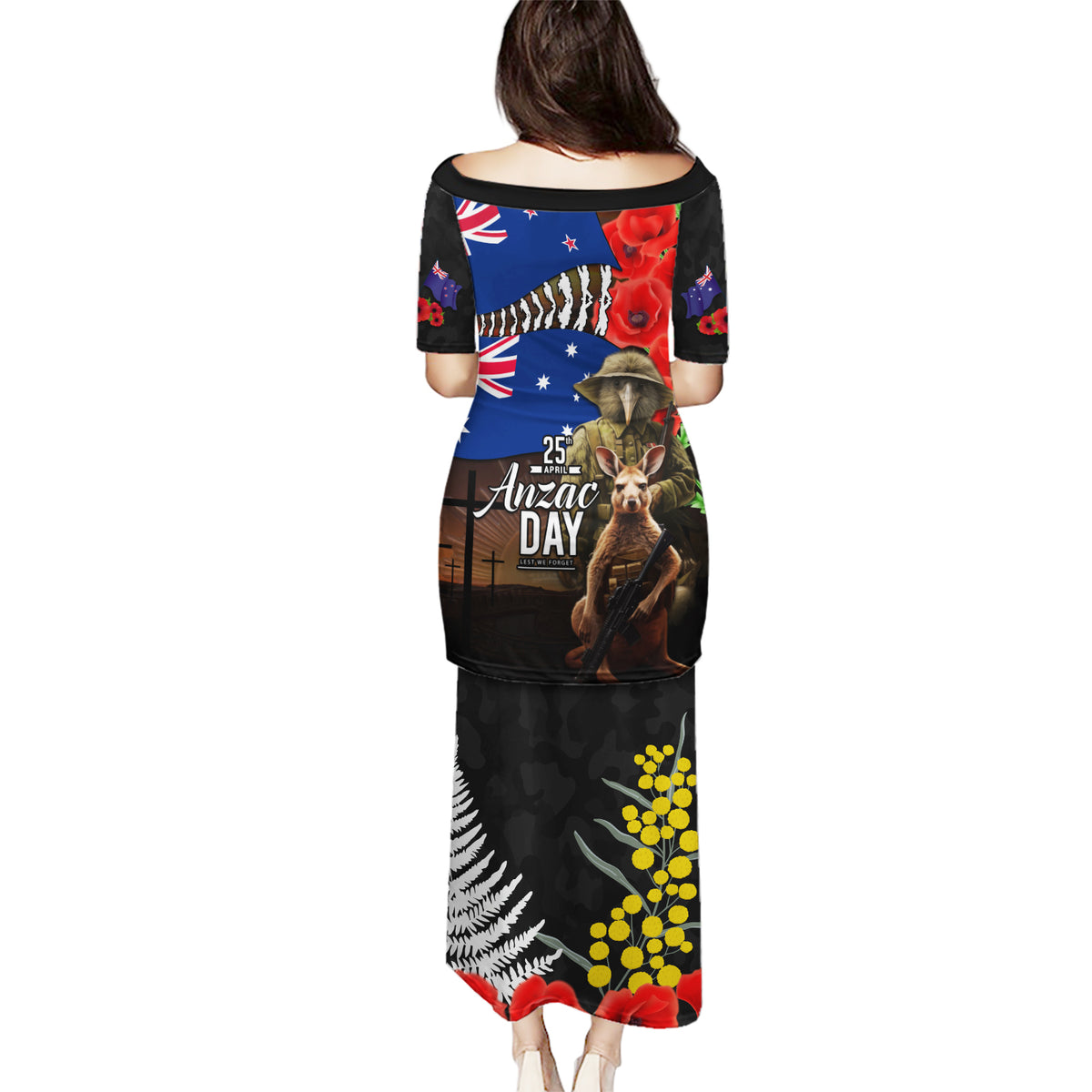 New Zealand and Australia ANZAC Day Puletasi National Flag mix Kiwi Bird and Kangaroo Soldier Style LT03 - Polynesian Pride