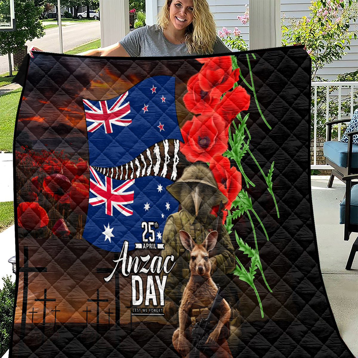 New Zealand and Australia ANZAC Day Quilt National Flag mix Kiwi Bird and Kangaroo Soldier Style LT03 Black - Polynesian Pride