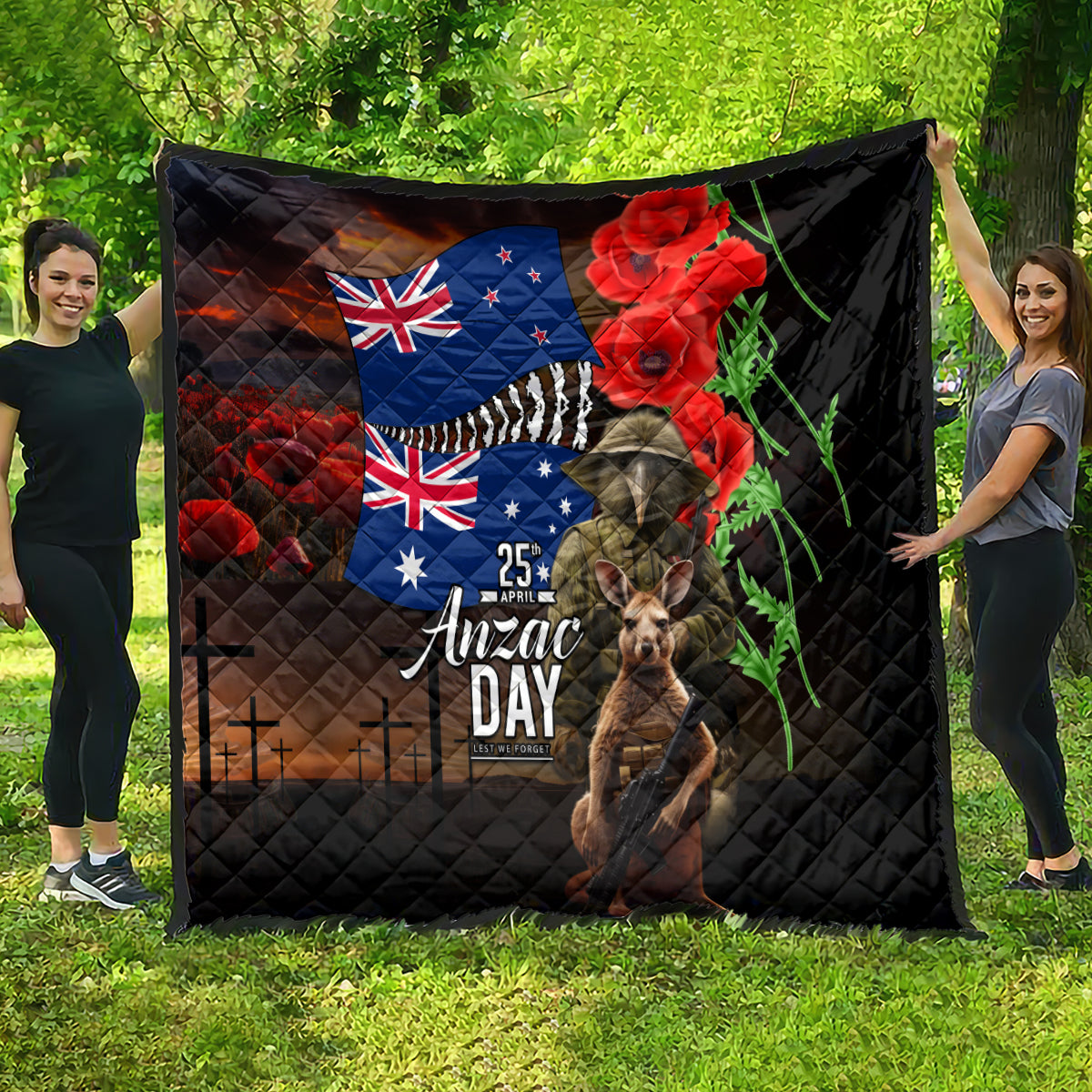 New Zealand and Australia ANZAC Day Quilt National Flag mix Kiwi Bird and Kangaroo Soldier Style LT03 - Polynesian Pride