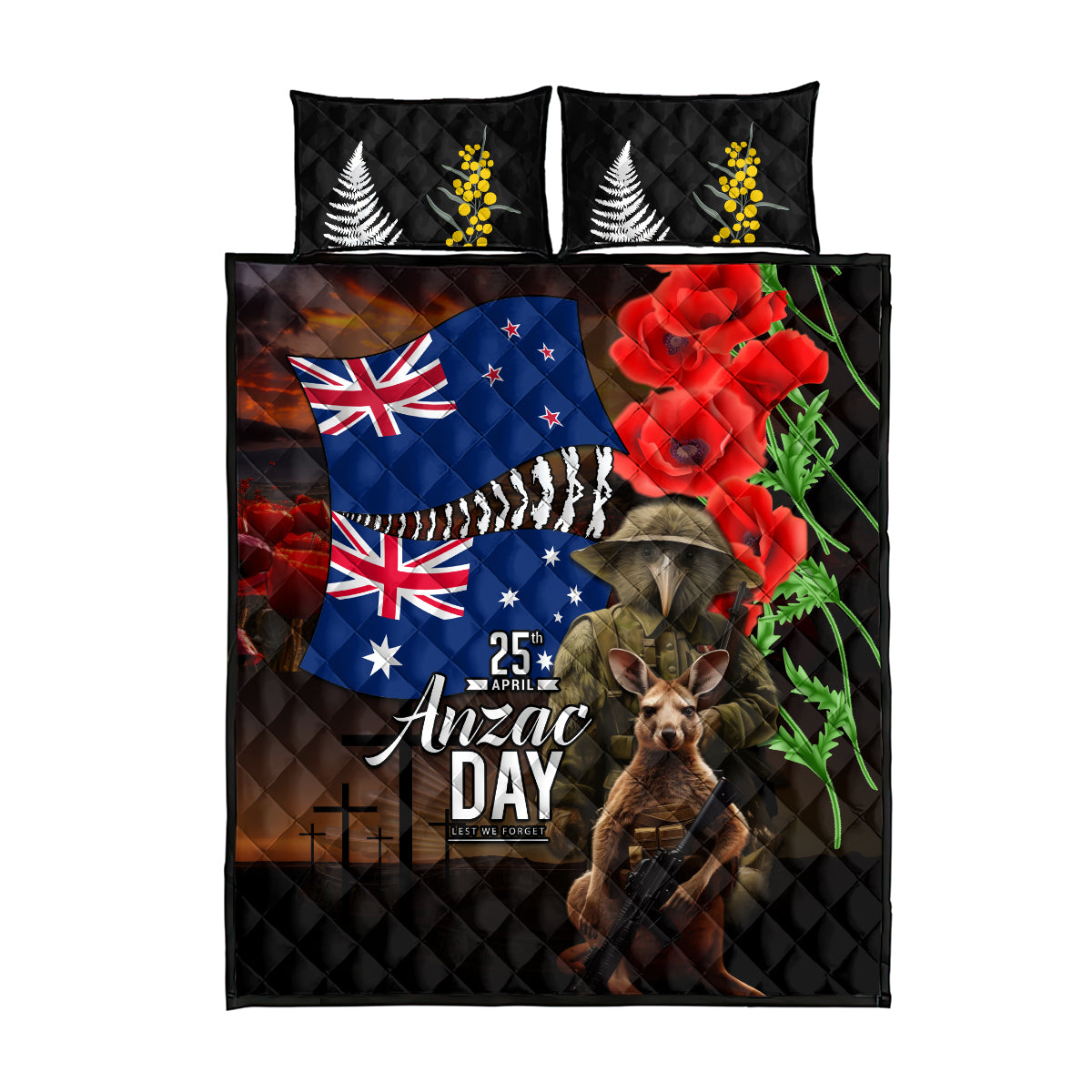 New Zealand and Australia ANZAC Day Quilt Bed Set National Flag mix Kiwi Bird and Kangaroo Soldier Style LT03 - Polynesian Pride