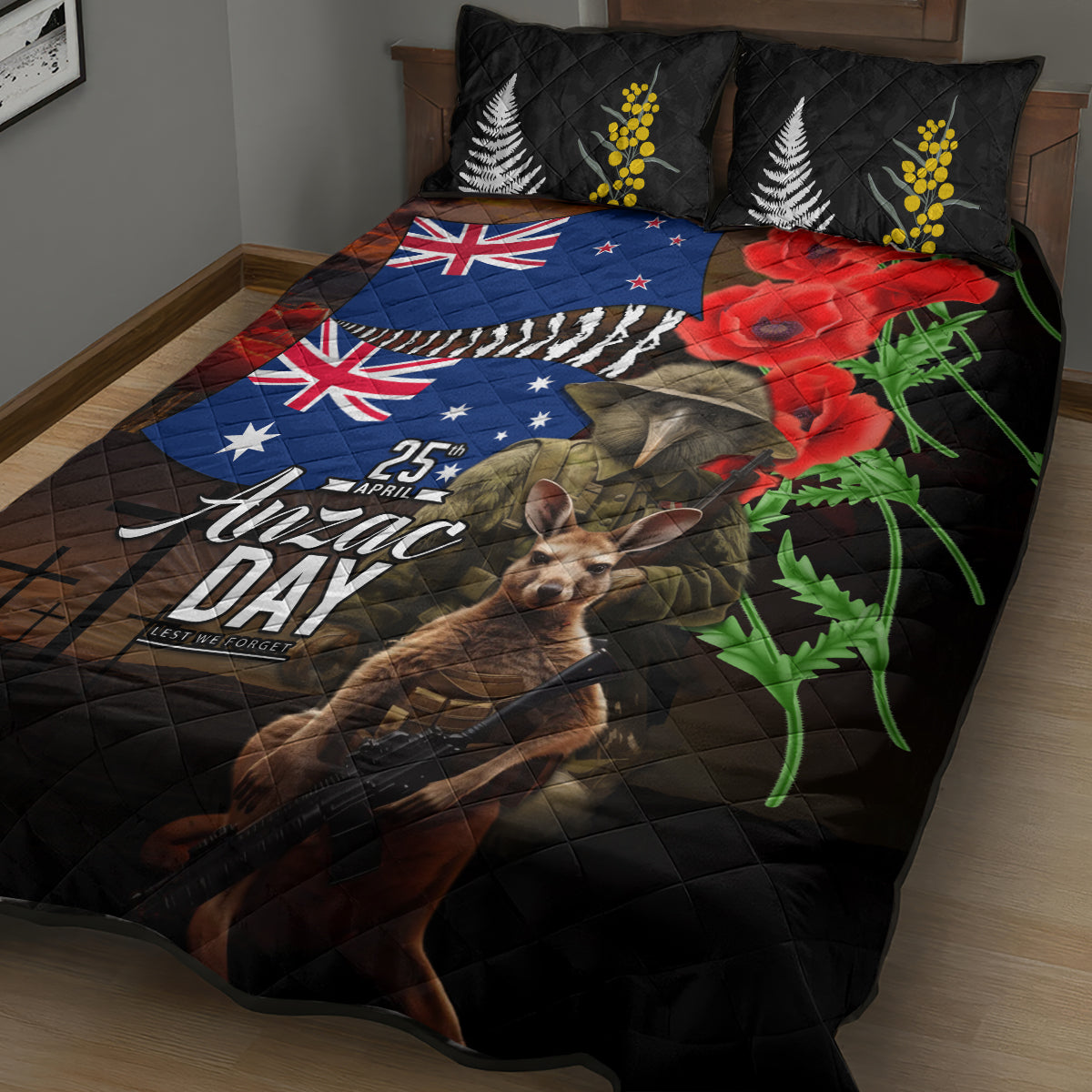New Zealand and Australia ANZAC Day Quilt Bed Set National Flag mix Kiwi Bird and Kangaroo Soldier Style LT03 - Polynesian Pride